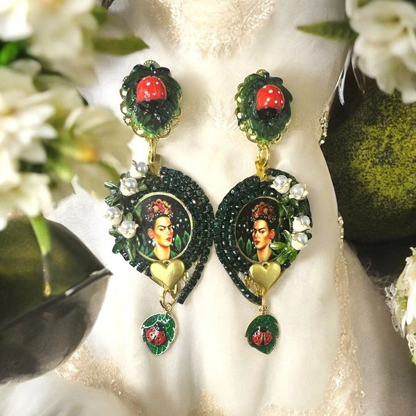 10325 Frida Kahlo Green Painted Earrings
