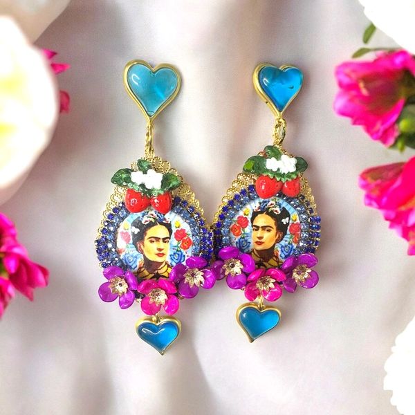SOLD! 10326 Frida Kahlo Bright Colors Painted Earrings