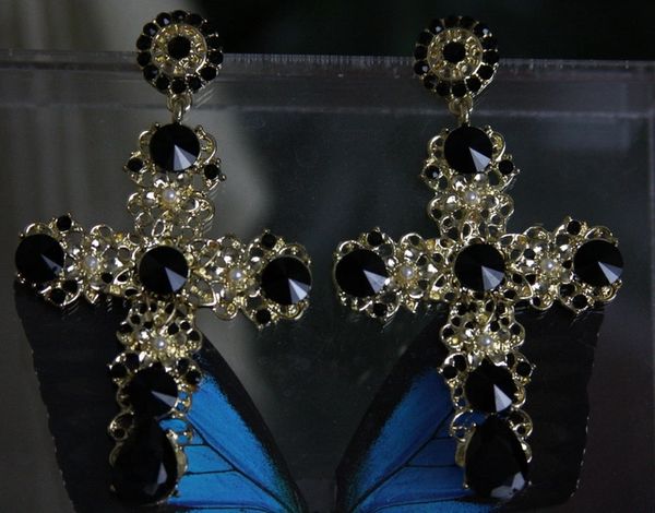 1142 Black Crystal Baroque Cross Studs Earrings