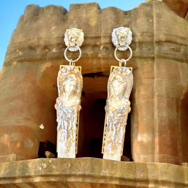 SOLD! 10332 Roman Tribute Columns Lions Massive Earrings