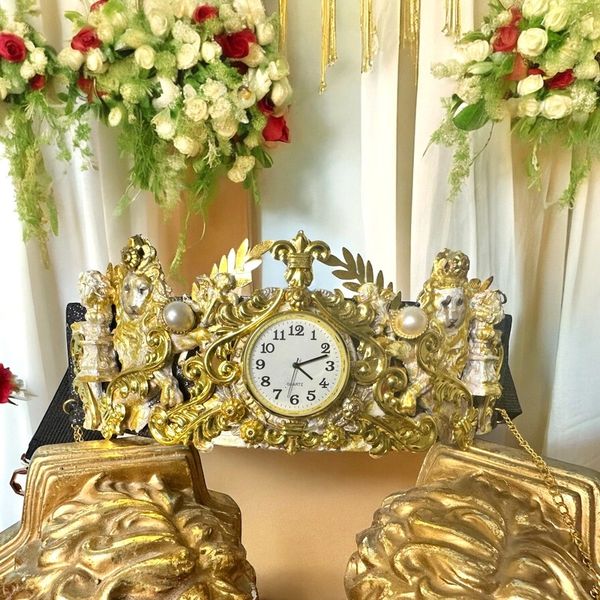 10349 Art Jewelry Roman Vintage Clock Lions Embellished Waist Gold Belt Size S, L, M