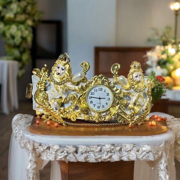 10350 Art Jewelry Roman Vintage Clock Lions Embellished Waist Gold Belt Size S, L, M