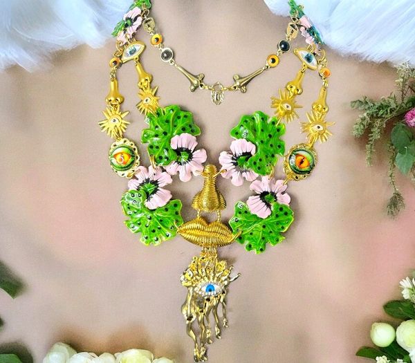 10353 Set Of Necklace+ Earrings Enamel Flowers Nose Eyes Lips Unusual