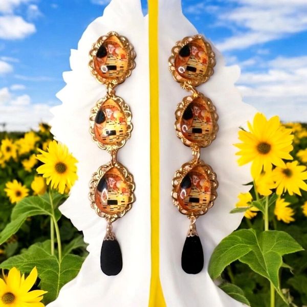 SOLD! 10362 Art Gustav Klimt Tribute Orange The Kiss Statement Earrings