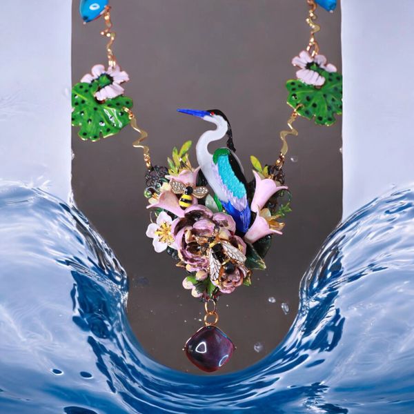 10376 Art Jewelry Enamel Crane Unusual Hand Painted Necklace