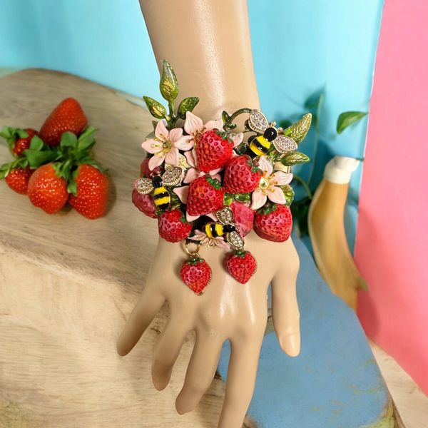 SOLD! 10377 Art Jewelry Vivid Strawberry 3D Effect Bracelet