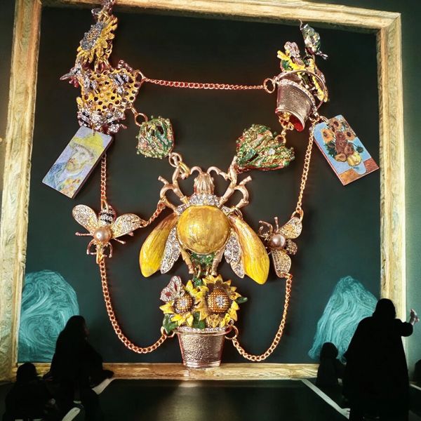 10334 Van Gogh Tribute Royal Bees Sunflower Enamel Necklace