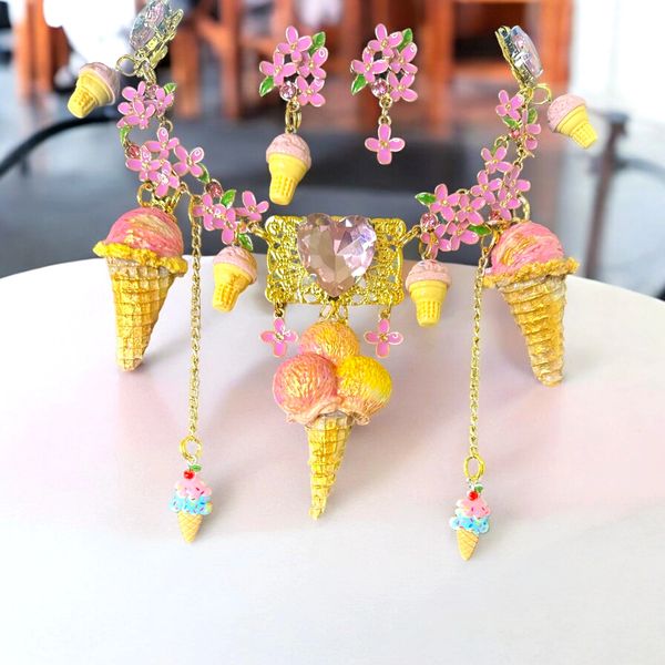 10399 Set Of Necklace+ Earrings Birthday Ice Cream Enamel