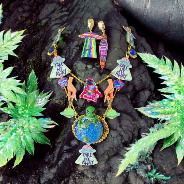 SOLD! 10408 Set Of Acrylic Celestial Aliens Take Me Away Necklace+ Earrings