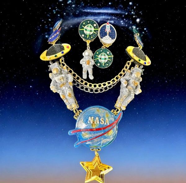 SOLD! 10407 Set Of Celestial NASA Astronauts Iridescent Necklace+ Earrings