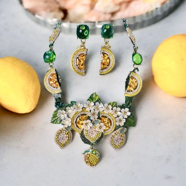 10415 Set Of Necklace+ Earrings Baroque Rhinestones Lemon Fruit Statement