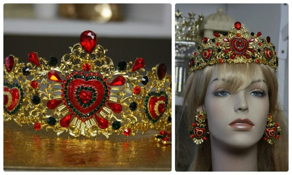 SOLD! 1150 Baroque Red Heart Set Tiara Crown Plus Earrings