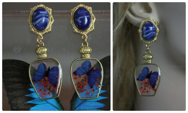 SOLD! 1152 Vivid Butterfly Victorian Vase Blue Studs Earrings