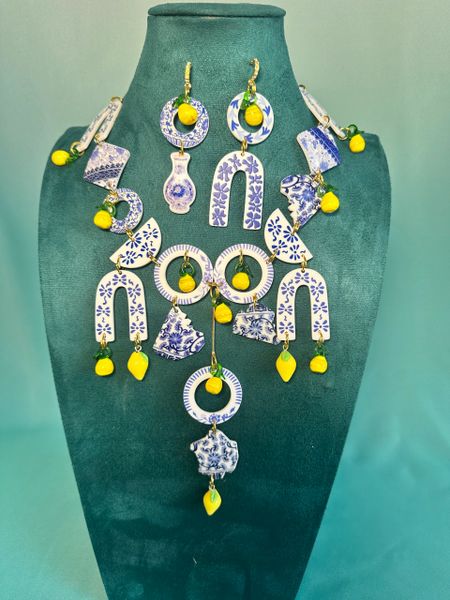 SOLD! 10434 Set Of Sicilian Tile Lemon Necklace+ Earrings