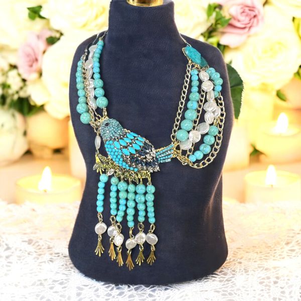 10437 Genuine Gemstones Large Enamel Bird Massive Necklace