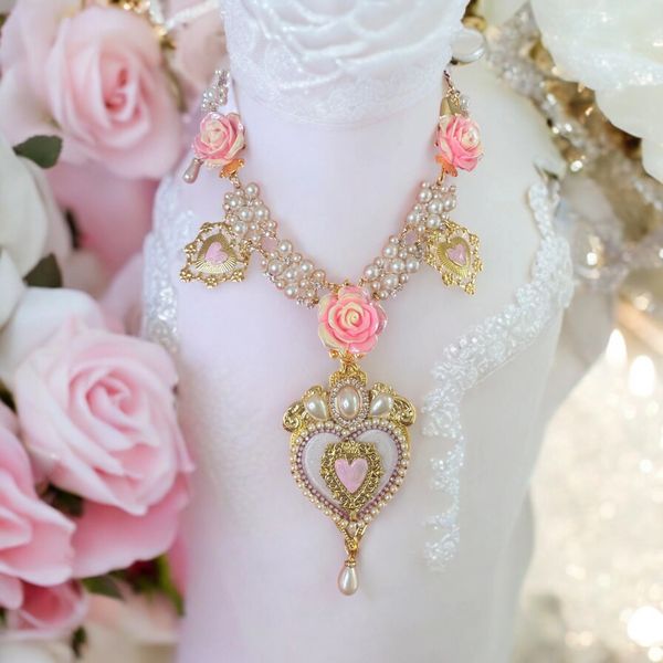 SOLD! 10441 Baroque Sacred Heart Roses Huge Necklace