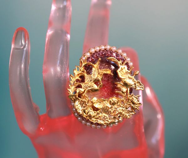 10451 Asian Japanese Crane Embellished Genuine Agate Cocktail Adjustable Ring