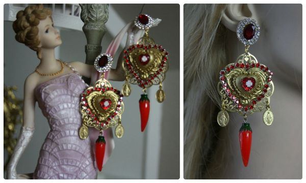 SOLD! 1156 Baroque Red Heart Chilly Coin Massive Earrings Studs