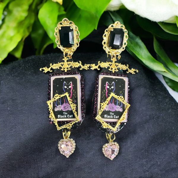 10466 Black Cat Mysterious Black Long Earrings