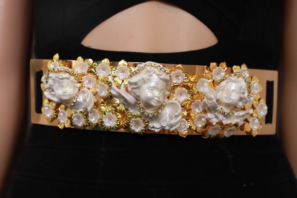 10475 Baroque White chubby Cherubs Embellished Waist Gold Belt Size S, L, M