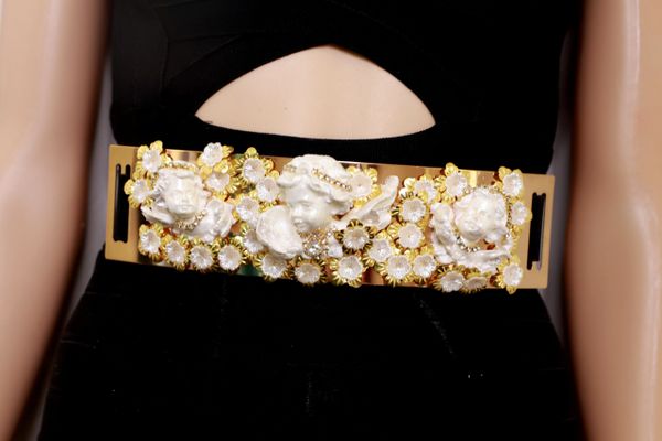 10476 Baroque White chubby Cherubs Embellished Waist Gold Belt Size S, L, M