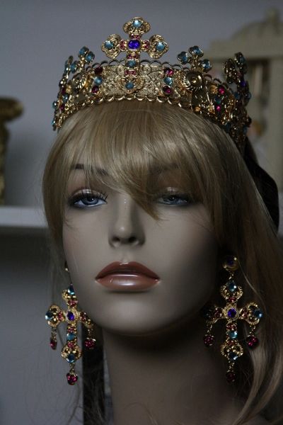 SOLD! 139 SET Baroque Red Rhinestone Gold Filigree Cross Crown Headband Tiara