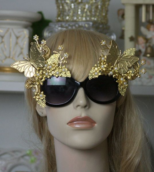 SOLD! 1162 Baroque Gold Pearl Butterfly Leaves Embellished Sunglasses