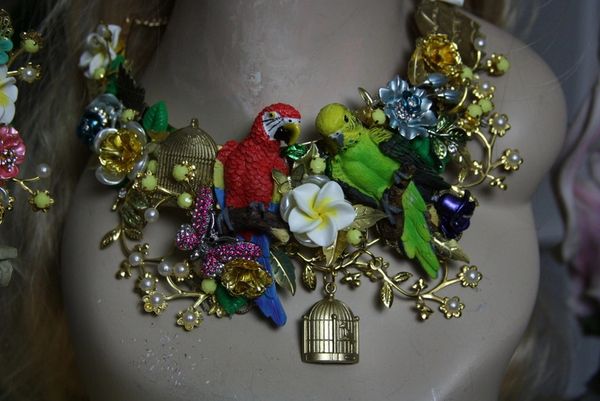 SOLD!1165 SET 3 D Effect Art Nouveau Vivid Parrots Enamel Flower Unique Birdcage Crystal Set Necklace Plus Earrings