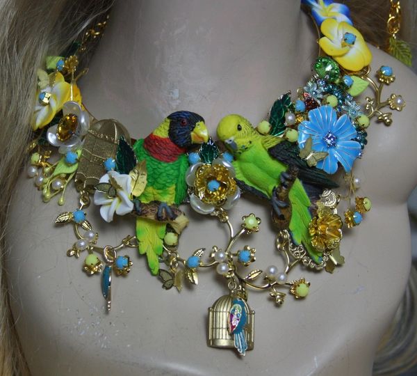 1173 SOLD! SET 3 D Effect Art Nouveau Vivid Parrots Enamel Flower Unique Birdcage Crystal Set Necklace Plus Earrings