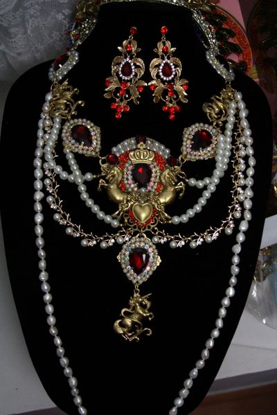 SOLD! 1176 Baroque Red Crystal Unicorn Genuine Pearl Necklace Set