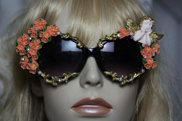 SOLD! 1195 Baroque Cherub Orange Flower Embellished Sunglasses