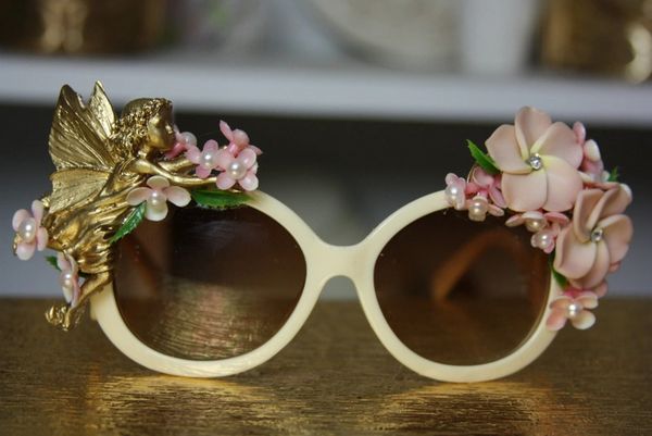 SOLD!568 Gold Fairy Pale Pink Flower Embellished UV 400 Zibellini Unusual Unique Sunglasses
