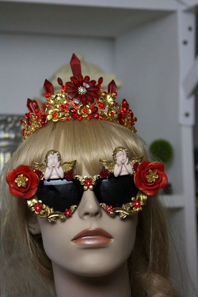 SOLD! 1201 Total Baroque Cherub Red Rose Embellished Sunglasses