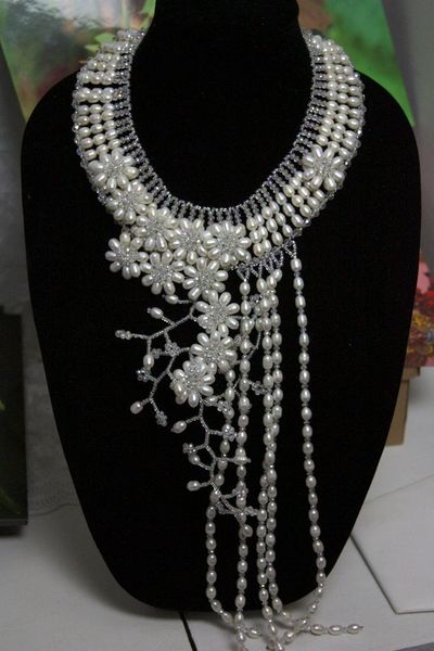 SOLD! 1207 Bridal Genuine Water Pearl Long Flower Necklace