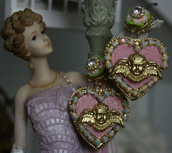 SOLD! 1214 Baroque Pale Pink Heart Cherub Studs