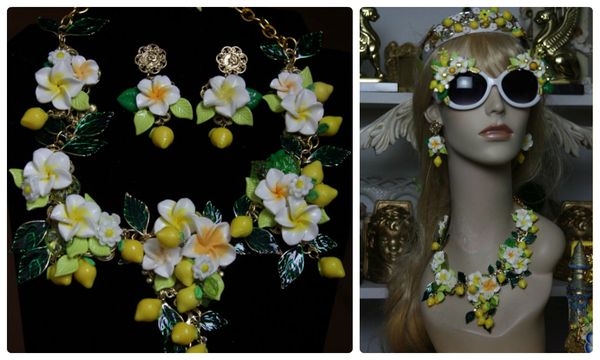 SOLD! 1220 Lemon Flower Enamel Leaf Set Necklace + Earrings