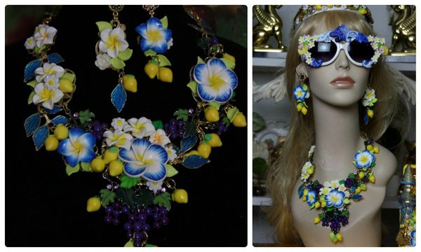 SOLD! 1221 Blue Flower Lemon Enamel Grape Massive Necklace Set