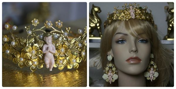 SOLD! 1227 Penina's Cherub Gold Metal Flower Pearl Bridal Headband