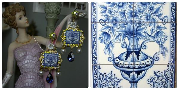 SOLD! 1236 Sicilian Tile Vase Blue Cameo Crystal Studs Earrings