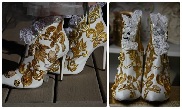 SOLD! 1247 Total Baroque White Embellished Clocl Boots Size US10