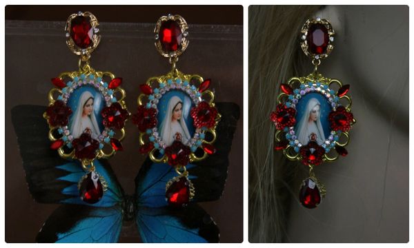SOLD! 1255 Cameo Virgin Mary Red Crystal Earrings Studs
