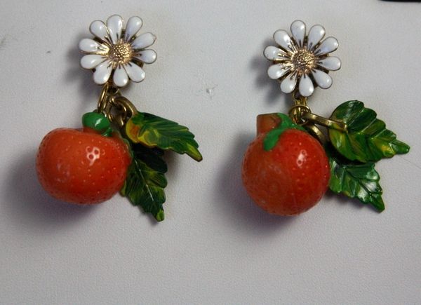 SOLD! 1257 Orange Fruit Hand Painted Enamel Earrings Studs