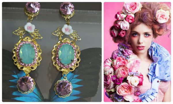 SOLD! 1265 Light Aqua Moon Stone Pink Crystal Studs Earrings
