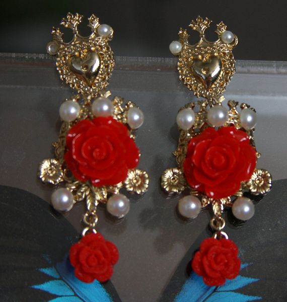 SOLD! 1270 Crown Heart Baroque Pearl Red Rose Studs Earrings