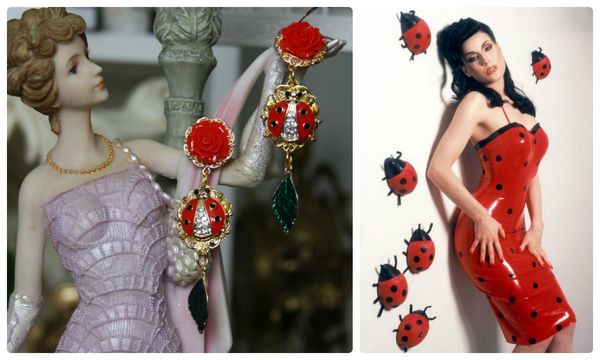 SOLD! 1277 Designer Inspired Ladybug Rose Enamel Studs Earrings