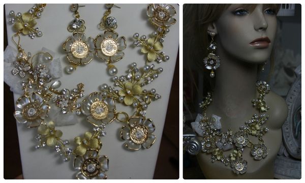 SOLD!1981 SET Coco Enamel Crystal Garden Lace Statement Necklace + Earrings