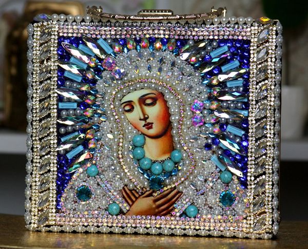 SOLD! 1285 Virgin Mary Icon Pearl Crystal Embellished Crossbody Handbag Purse