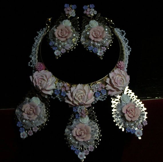 SOLD! 159 SET Earrings +Runway Designer Inspired Pale Rose Lace Statement Necklace
