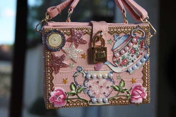 SOLD!1283 Fairy Collection Clock Teapot Rose Embroidery Embellished Handbag Trunk