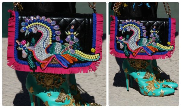 SOLD! 1294 Le Boy Black PEacock Embellished Unusual Handbag